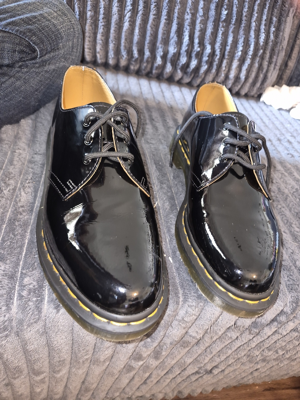 Dr. Martens Womens Black Patent Leather Lace-Up Oxfords with Yellow Stitching